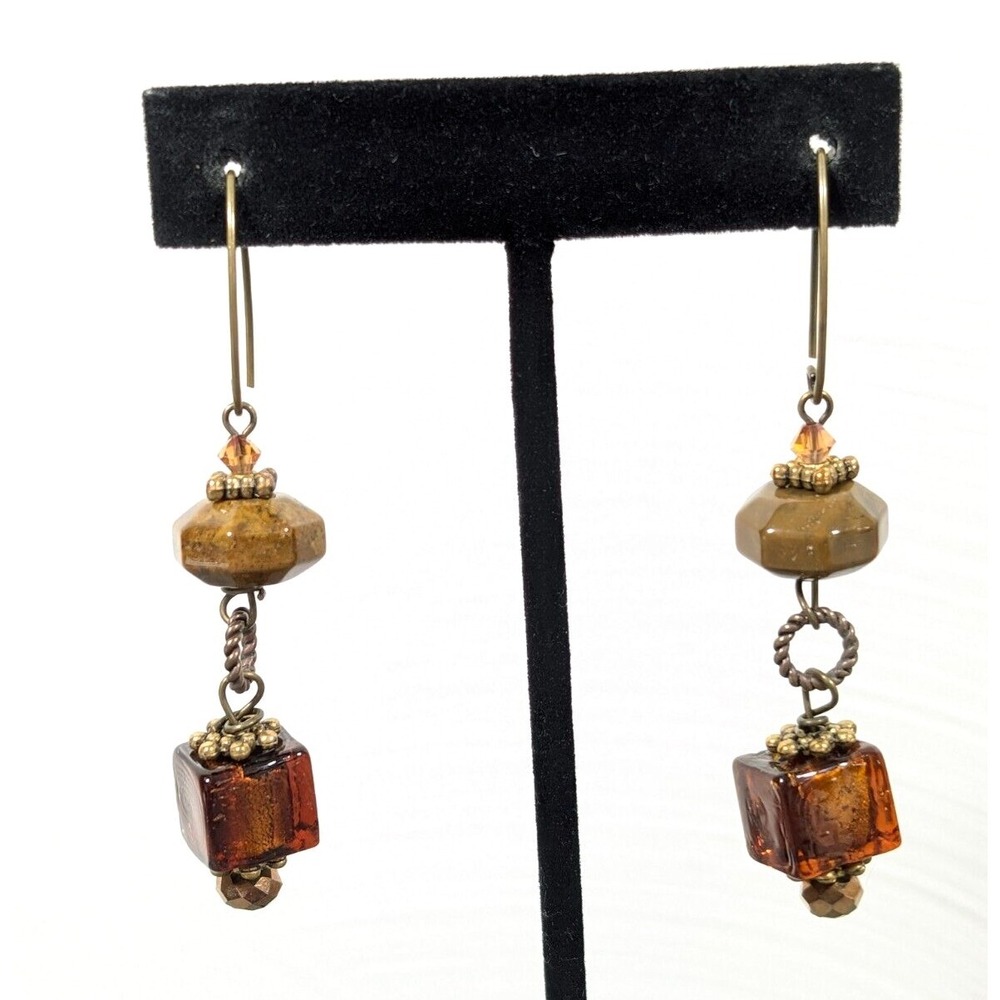 Boho Tribal Amber Color Brownâ Dichroic Glass Cube Stone Stacked Dangle Earrings